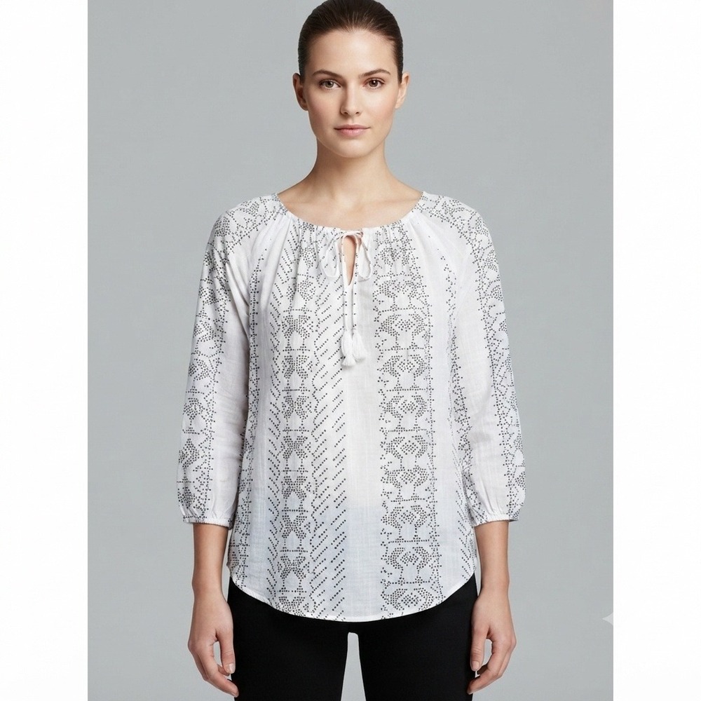 Fred David Blouse Womens XL White Black Tassel Tie Peasant‎ Blouse Top